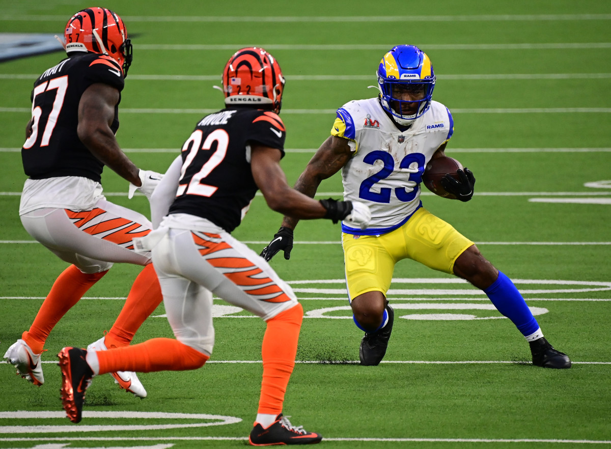 Feb 13, 2022; Inglewood, California, USA; Los Angeles Rams running back Cam Akers (23) runs with the ball against the Cincinnati Bengals in Super Bowl LVI at SoFi Stadium. Mandatory Credit: Gary A. Vasquez-USA TODAY Sports